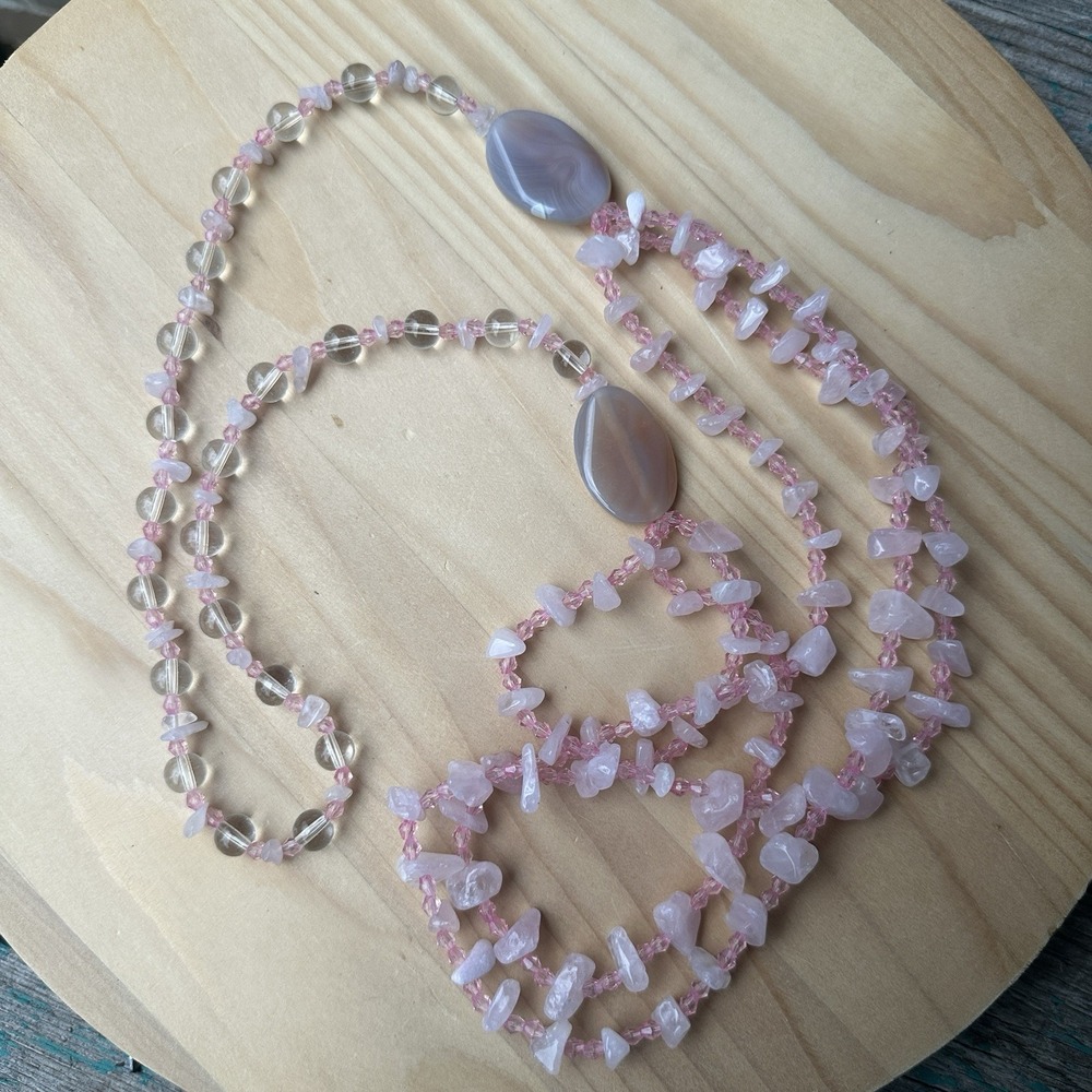 Vintage Necklace 33 Inch Rose Quartz Agate Glass Round Bead 2 Strand Layered